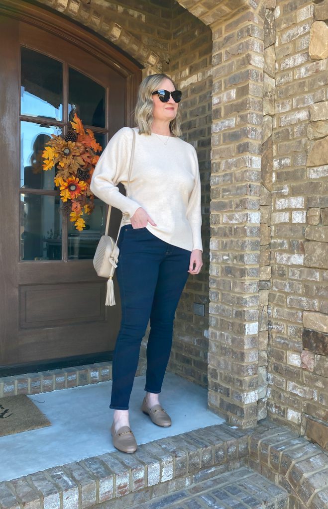Express Nov 2021 Asymmetrical Sweater Dark Wash Jeans - outfit 2