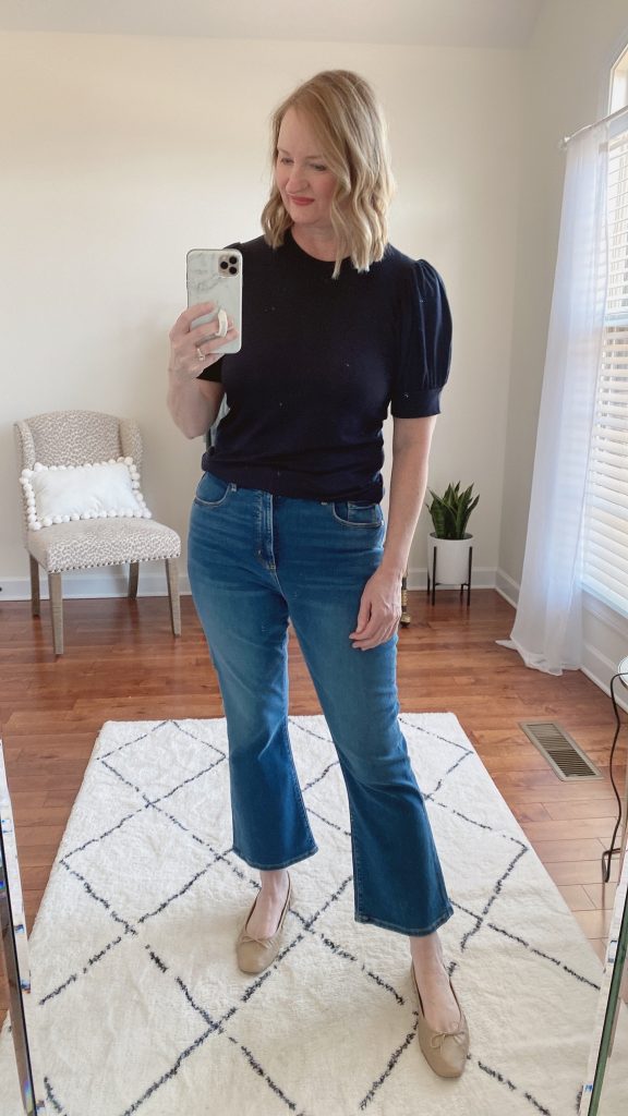 TRY-ON SESSION REVIEWS LOFT FEB 11 2022 - amazon navy puff sleeve tee crop flare jeans tucked