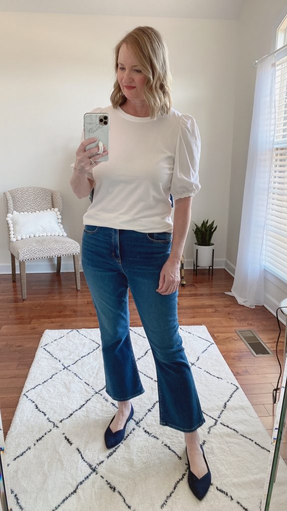 TRY-ON SESSION REVIEWS LOFT FEB 11 2022 - amazon white puff sleeve tee crop flare jeans rothys navy flats