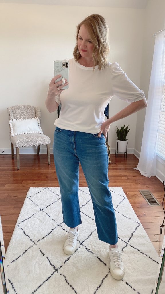 TRY-ON SESSION REVIEWS LOFT FEB 11 2022 - amazon white puff sleeve tee straight crop jeans veja campo sneakers