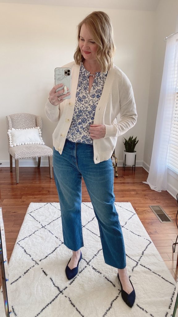 TRY-ON SESSION REVIEWS LOFT FEB 11 2022 - blue floral shirred blouse crop flare jeans rothys flats cardigan