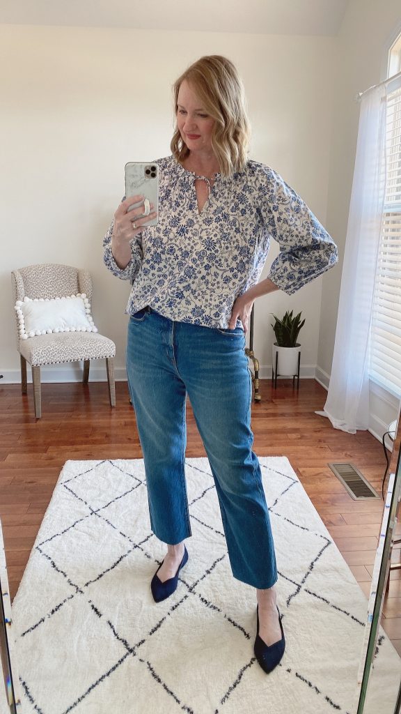 TRY-ON SESSION REVIEWS LOFT FEB 11 2022 - blue floral shirred blouse crop flare jeans rothys navy flats
