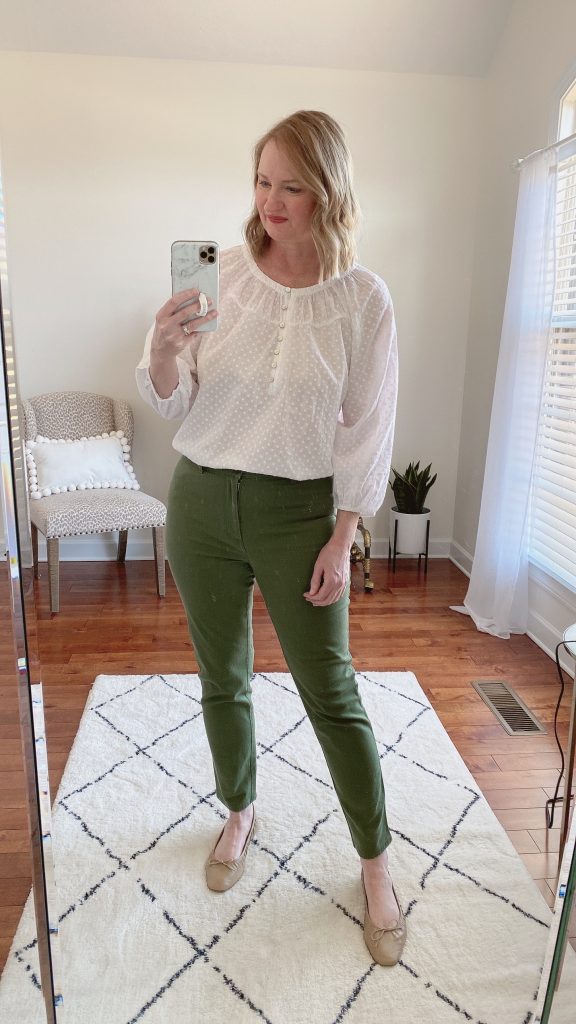 TRY-ON SESSION REVIEWS LOFT FEB 11 2022 - white henley top green pants tucked