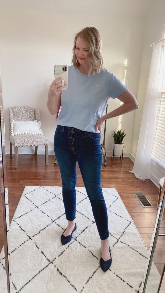 Try-On Session Reviews J Crew Factory Feb 2022 - blue tee skinny jeans
