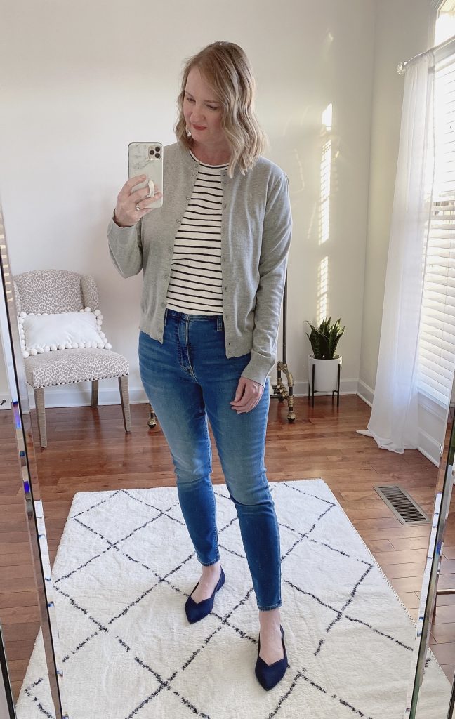 Try-On Session Reviews J Crew Factory Feb 2022 - gray cardigan striped tee jeans rothys