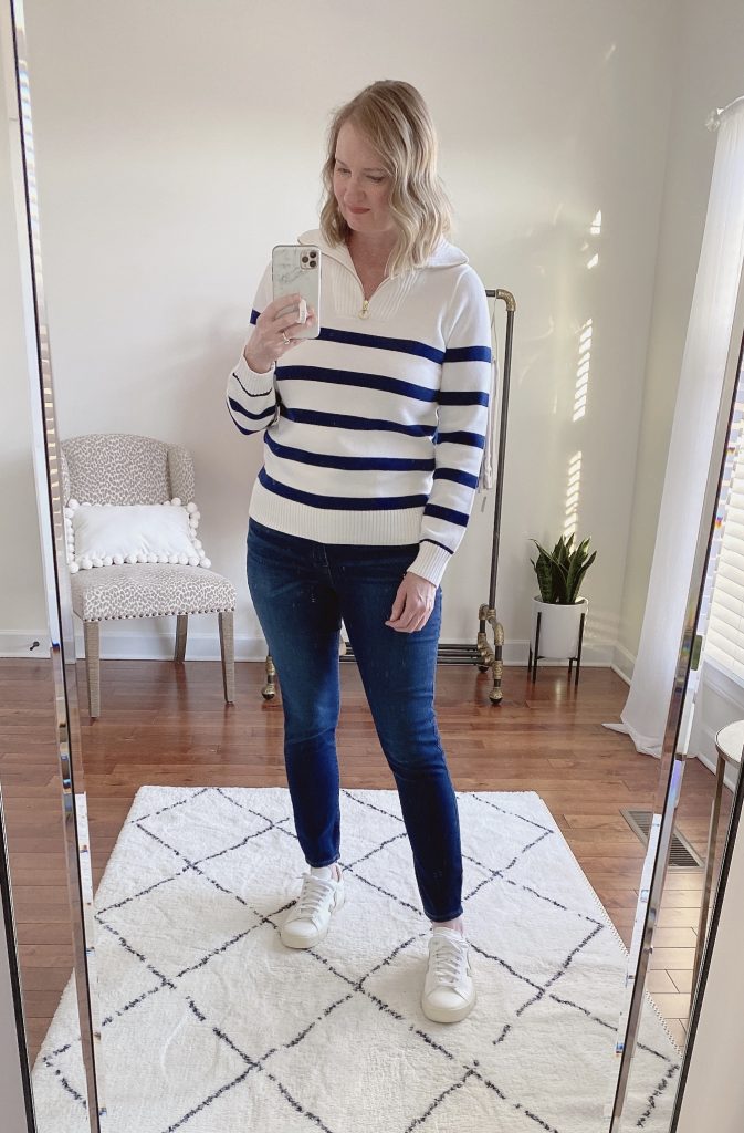 Try-On Session Reviews J Crew Factory Feb 2022 - striped sweater dark skinny jeans