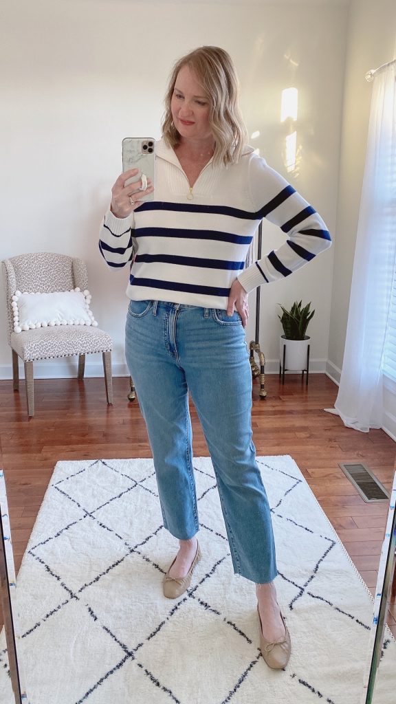 Try-On Session Reviews J Crew Factory Feb 2022 - striped sweater straight jeans beige flats