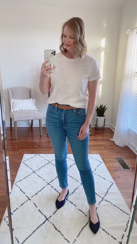 Try-On Session Reviews J Crew Factory Feb 2022 - white tee skinny jeans rothys flats
