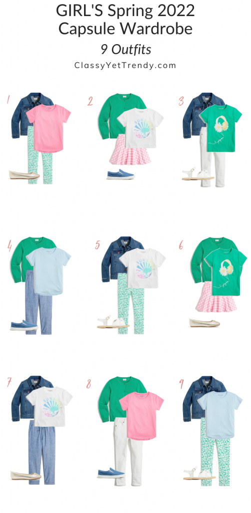 Girls 14-Piece Spring 2022 Capsule Wardrobe - 9 Outfits