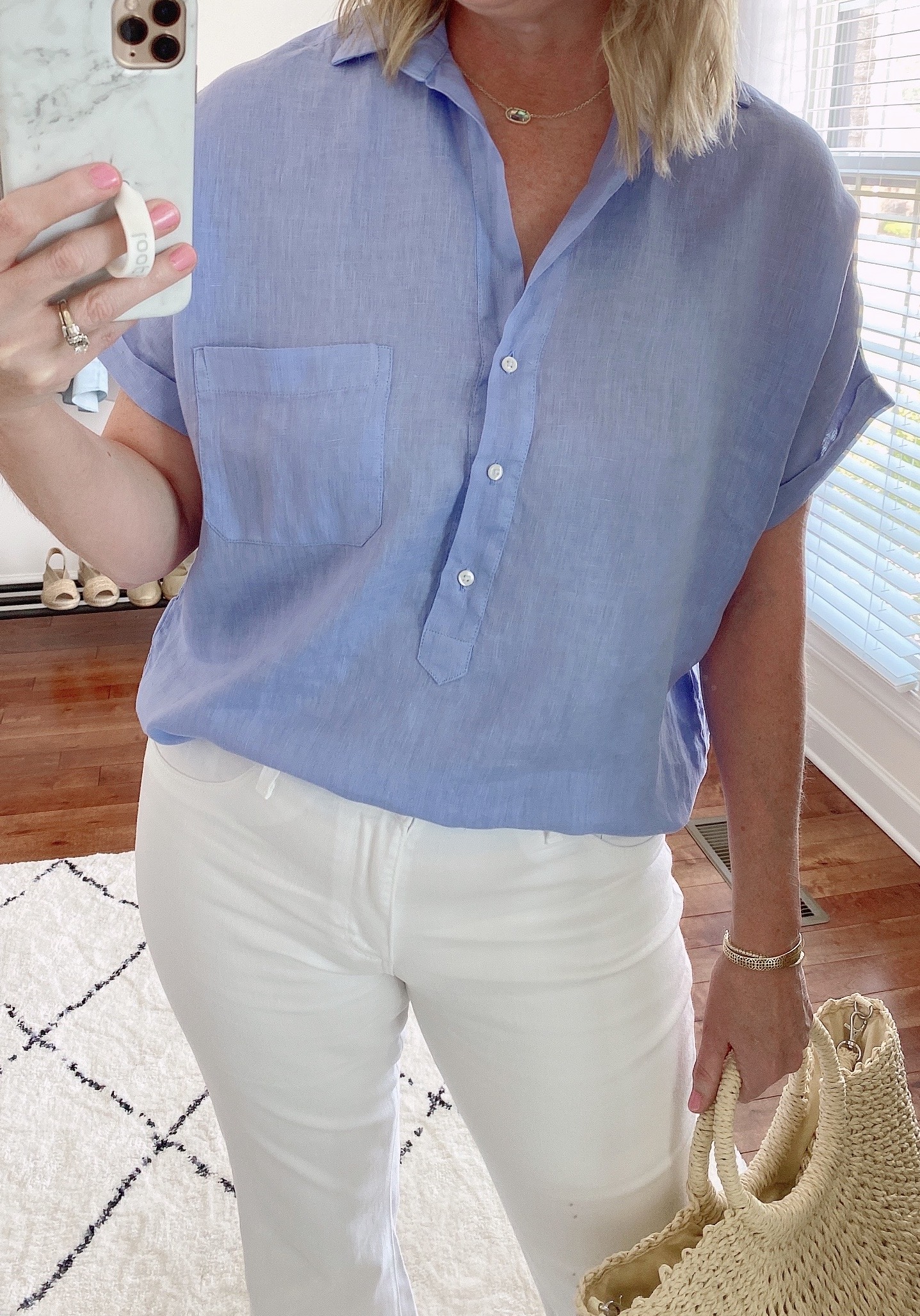 GRAYSON SHIRTS MAY 2022 - Artist Tumbled Linen Periwinkle Blue Shirt closeup