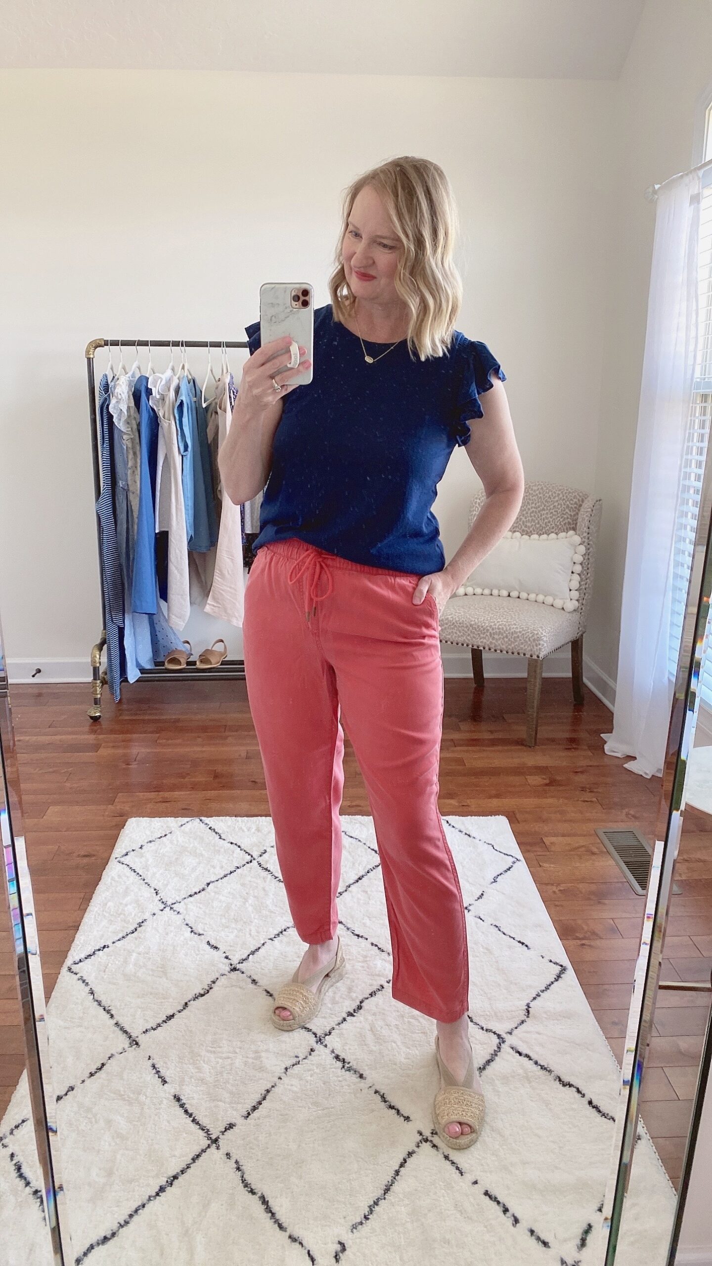 LOFT NORDSTROM NISOLO TRY ON OUTFIT - NAVY TOP CORAL BOTTOMS