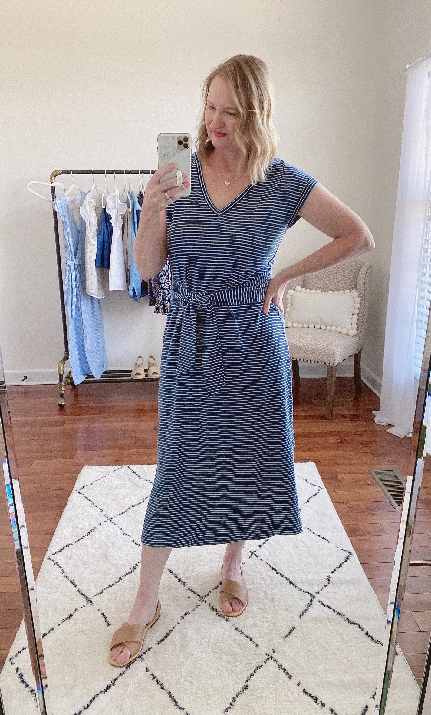 LOFT NORDSTROM NISOLO TRY ON OUTFIT - navy stripe dress
