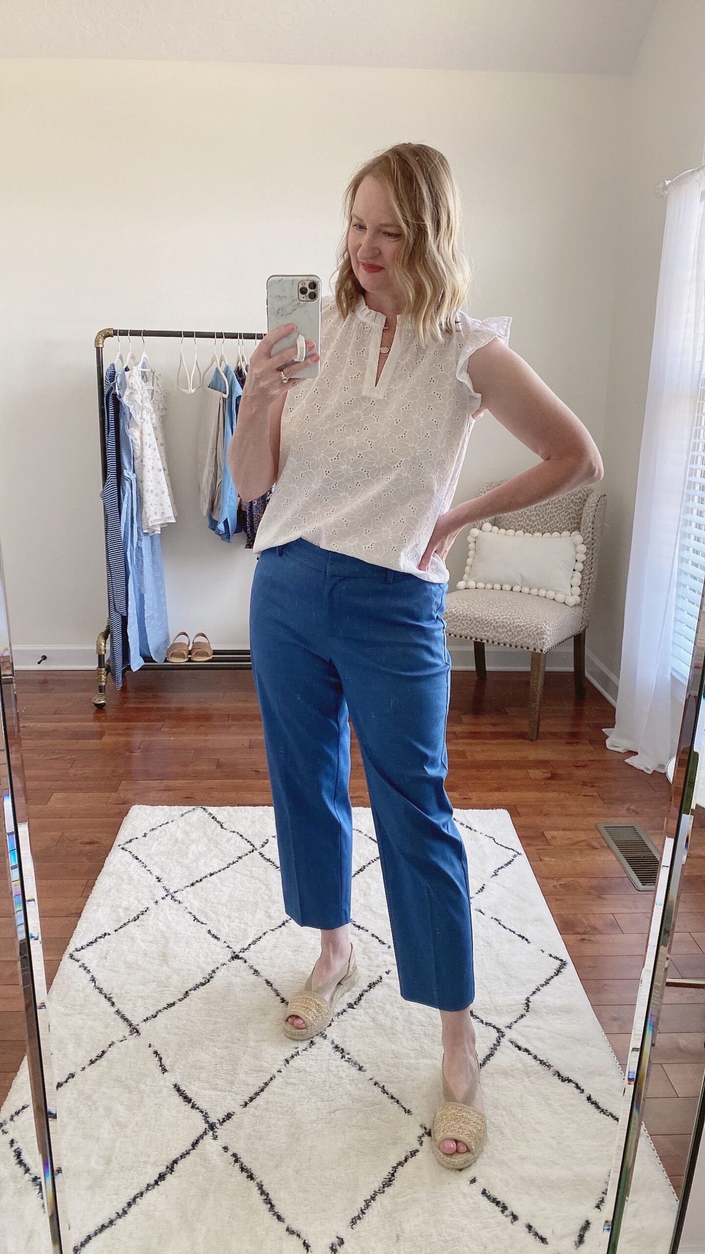 LOFT NORDSTROM NISOLO TRY ON OUTFIT - white eyelet top blue pants