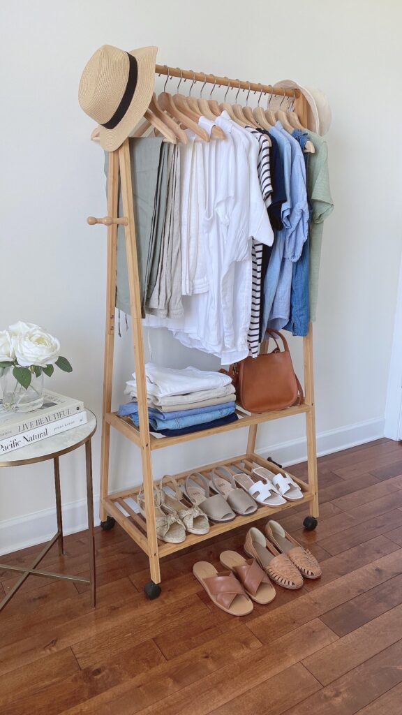 MY 25 PIECE COASTAL NEUTRAL COLOR CAPSULE WARDROBE SUMMER 2022 - clothes rack side