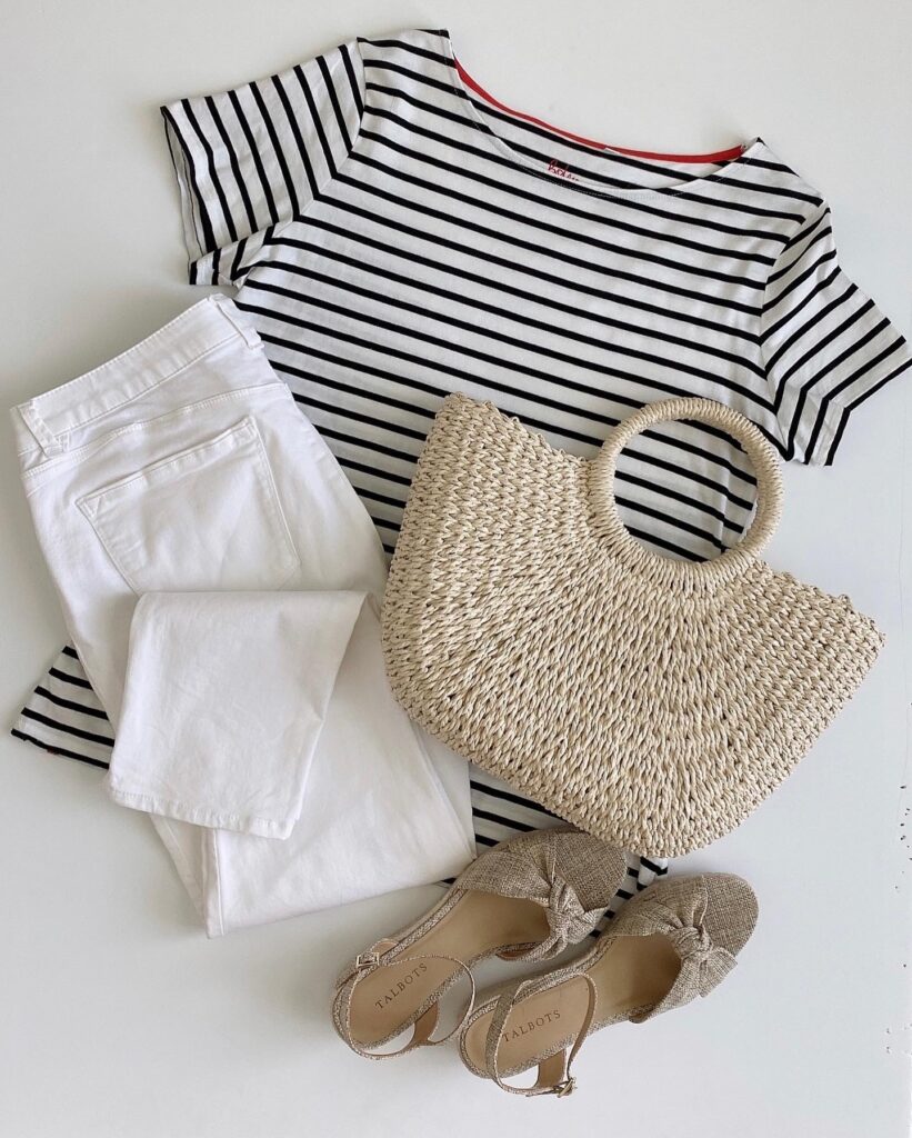 5 WAYS TO WEAR A STRIPED TEE - WHITE PANTS ESPADRILLE WEDGE SANDALS