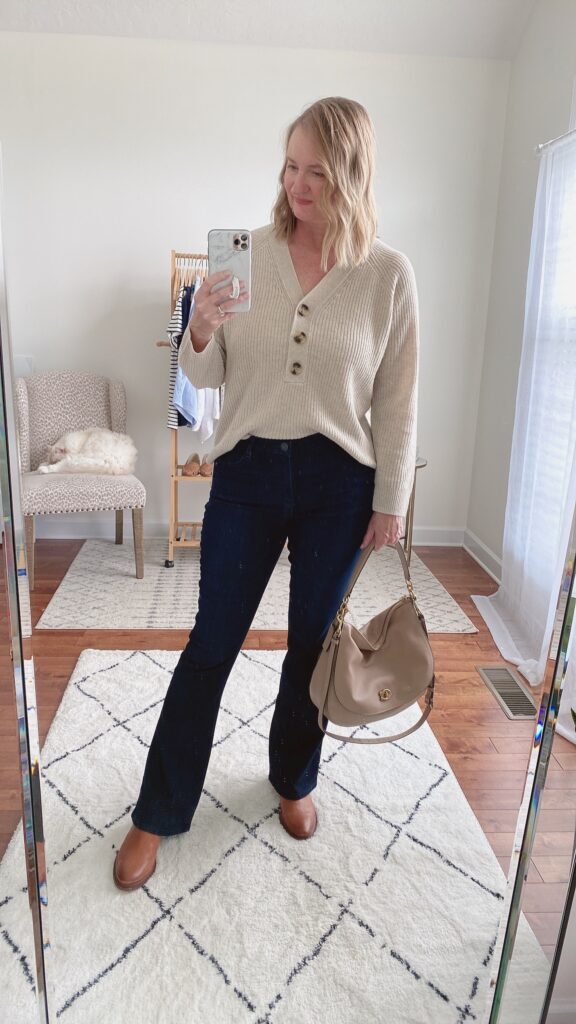 WIT WISDOM JEANS TRY ON - ITTY BITTY BOOT JEANS MADEWELL SWEATER FRANCO SARTO BOOTS