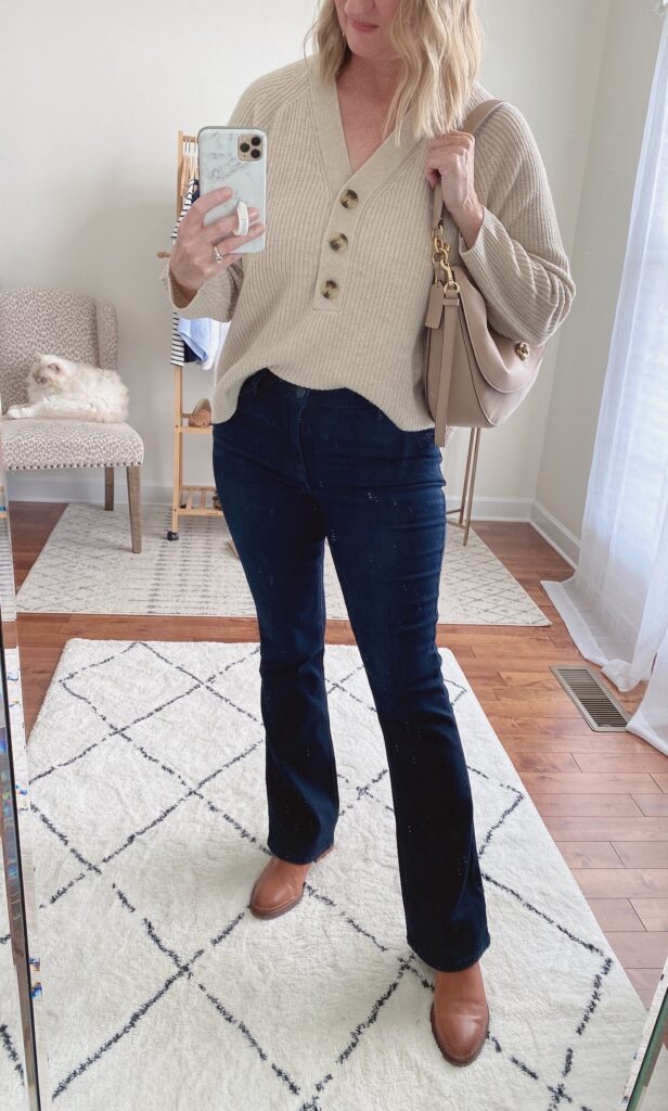 WIT WISDOM JEANS TRY ON - ITTY BITTY BOOT JEANS MADEWELL SWEATER FRANCO SARTO BOOTS CLOSEUP