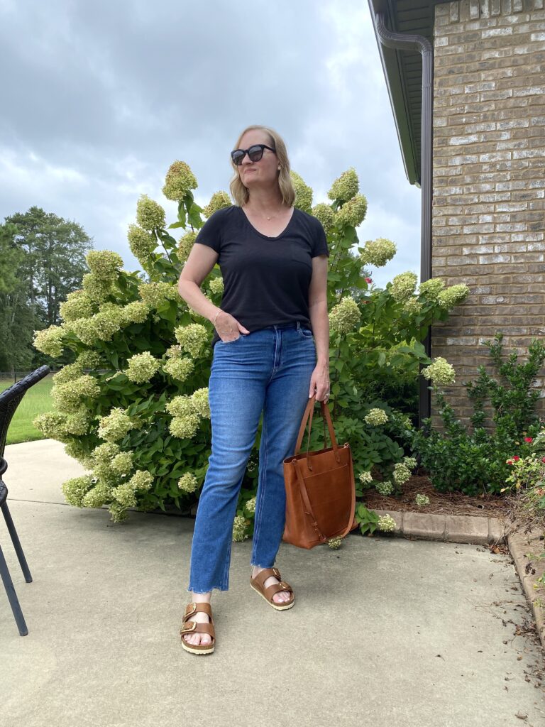 Nordstrom August 2022 - HOW TO TRANSITION BASICS FROM SUMMER TO FALL - BLACK TEE JEANS BIRKENSTOCK BIG BUCKLE SANDALS MADEWELL TOTE 1