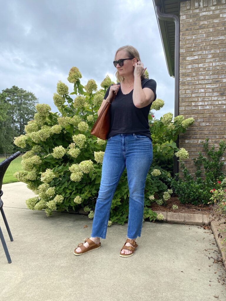 Nordstrom August 2022 - HOW TO TRANSITION BASICS FROM SUMMER TO FALL - BLACK TEE JEANS BIRKENSTOCK BIG BUCKLE SANDALS MADEWELL TOTE 2