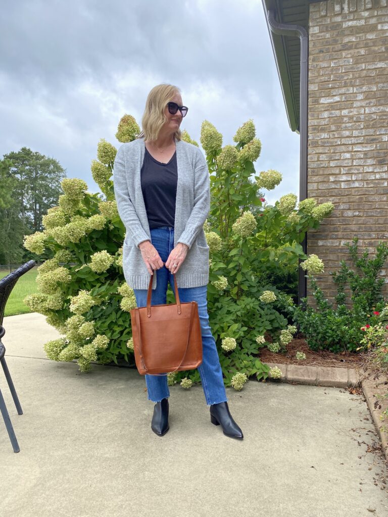 Nordstrom August 2022 - HOW TO TRANSITION BASICS FROM SUMMER TO FALL - BLACK TEE JEANS GRAY CARDIGAN BLACK BOOTIES MADEWELL TOTE 1