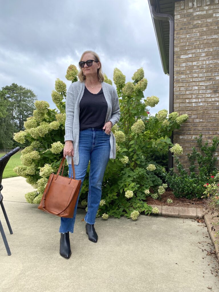 Nordstrom August 2022 - HOW TO TRANSITION BASICS FROM SUMMER TO FALL - BLACK TEE JEANS GRAY CARDIGAN BLACK BOOTIES MADEWELL TOTE 2