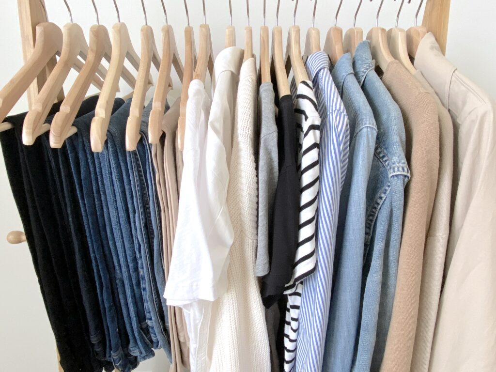 MY 30-PIECE FALL 2022 CLASSIC NEUTRAL CAPSULE WARDROBE - CLOTHES RACK CLOSEUP