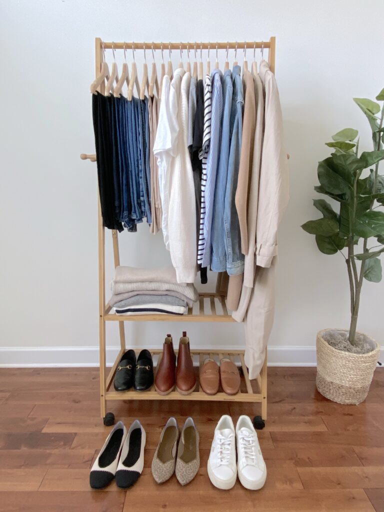 MY 30-PIECE FALL 2022 CLASSIC NEUTRAL CAPSULE WARDROBE - CLOTHES RACK FRONT
