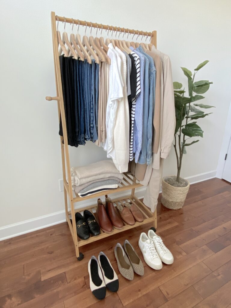 MY 30-PIECE FALL 2022 CLASSIC NEUTRAL CAPSULE WARDROBE - CLOTHES RACK SIDE