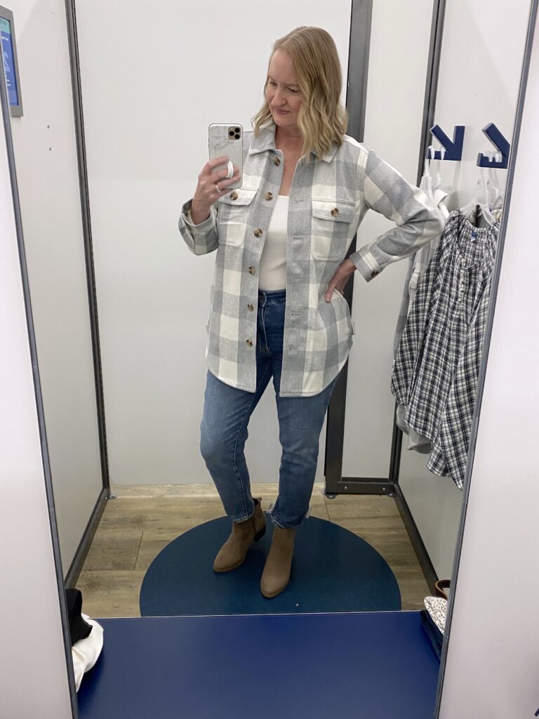 OLD NAVY DRESSING ROOM TRYON OCT 2022 - gray check shirt jacket straight jeans brown boots