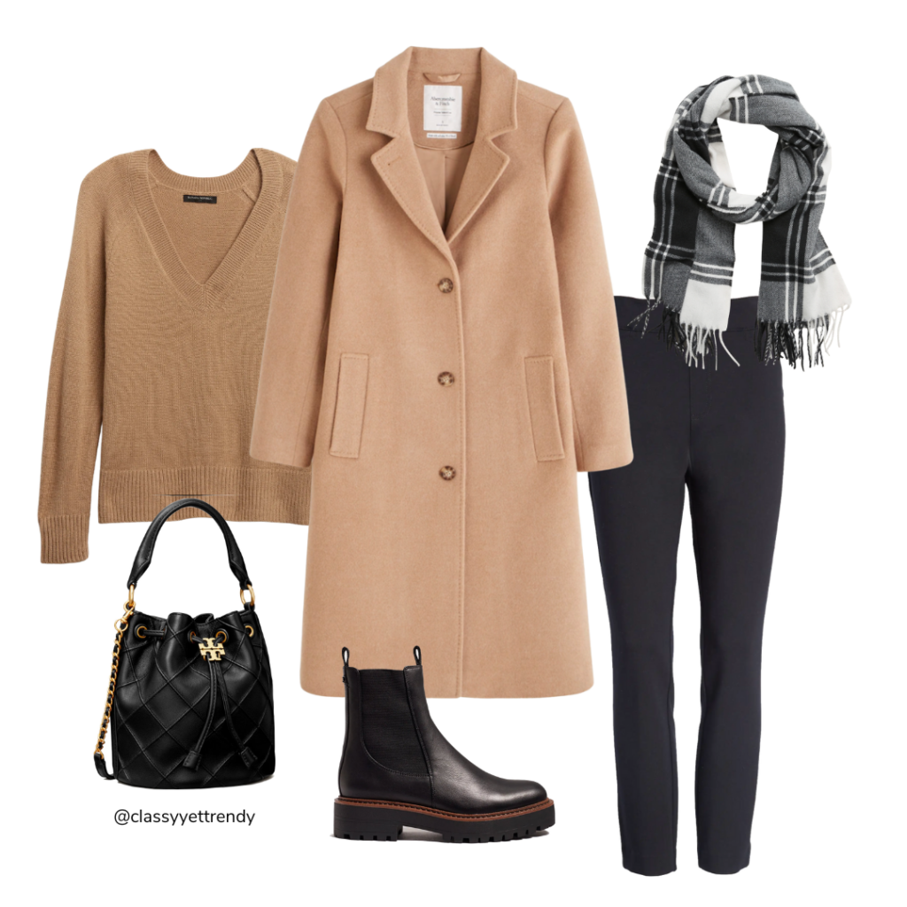 10 WAYS TO WEAR A CAMEL COAT - OUTFIT 1 CAMEL SWEATER BLACK PANTS LUG SOLE BOOTS