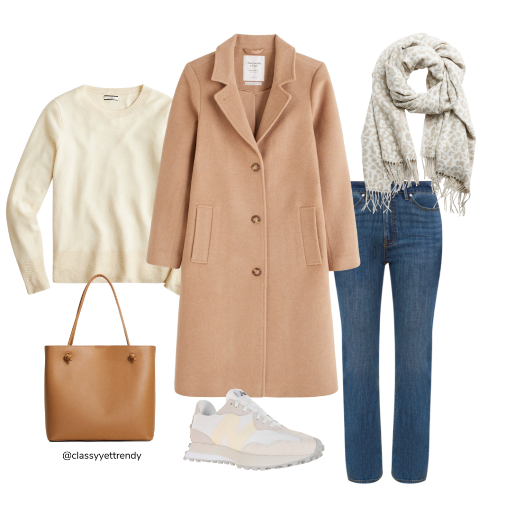 10 WAYS TO WEAR A CAMEL COAT - OUTFIT 2 IVORY SWEATER JEANS SUEDE SNEAKERS