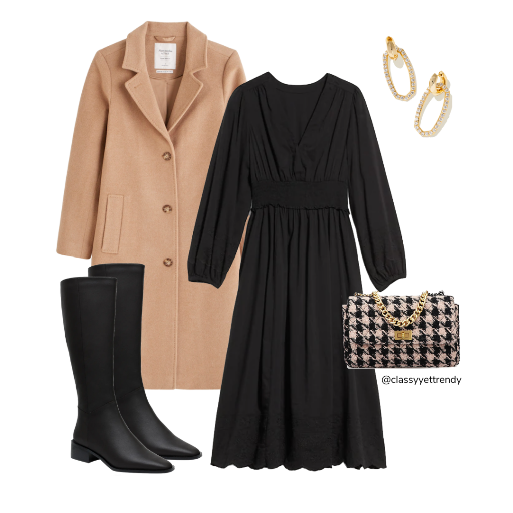 10 WAYS TO WEAR A CAMEL COAT - OUTFIT 3 BLACK DRESS TALL BOOTS