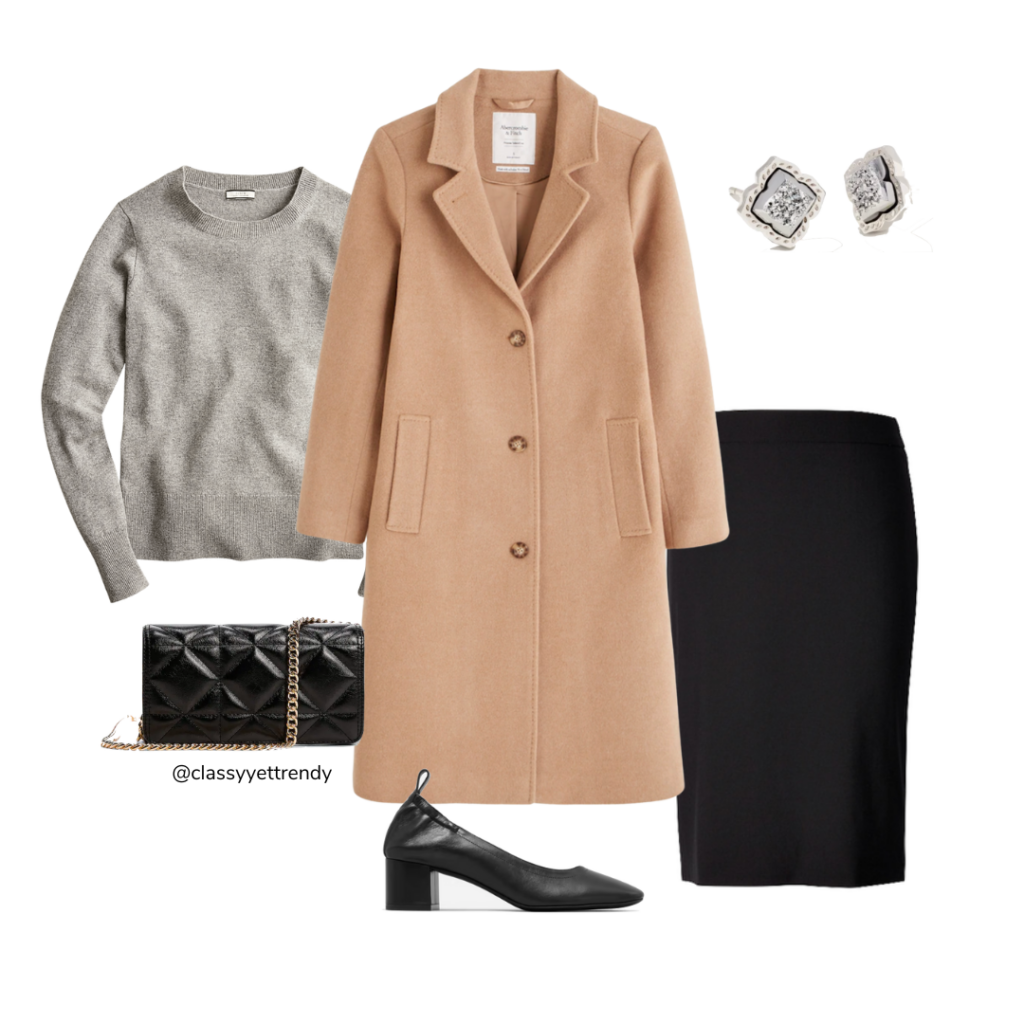 10 WAYS TO WEAR A CAMEL COAT - OUTFIT 4 GRAY SWEATER BLACK SLIM SKIRT PUMPS