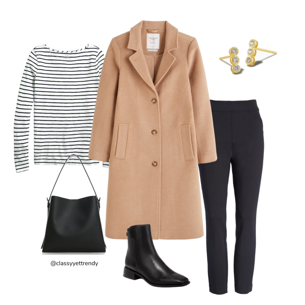 10 WAYS TO WEAR A CAMEL COAT - OUTFIT 5 STRIPE TEE BLACK PANTS BOOTS