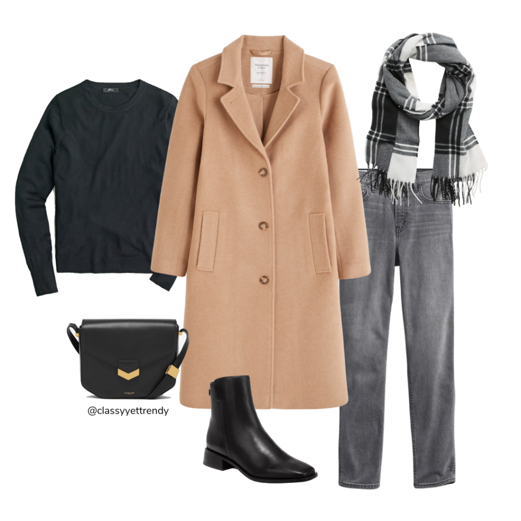 10 WAYS TO WEAR A CAMEL COAT - OUTFIT 6 BLACK SWEATER GRAY JEANS BOOTS