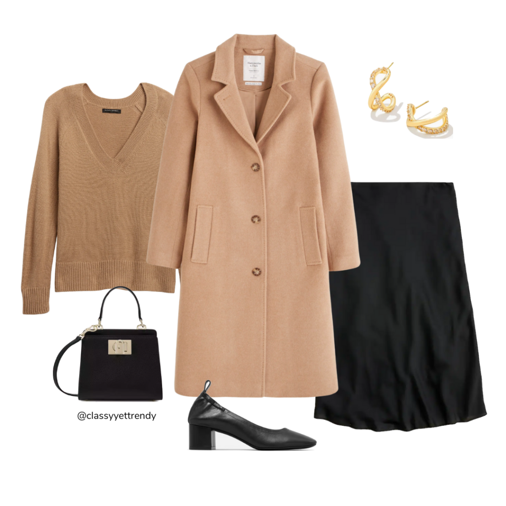 10 WAYS TO WEAR A CAMEL COAT - OUTFIT 7 CAMEL SWEATER MIDI SKIRT BLACK PUMPS