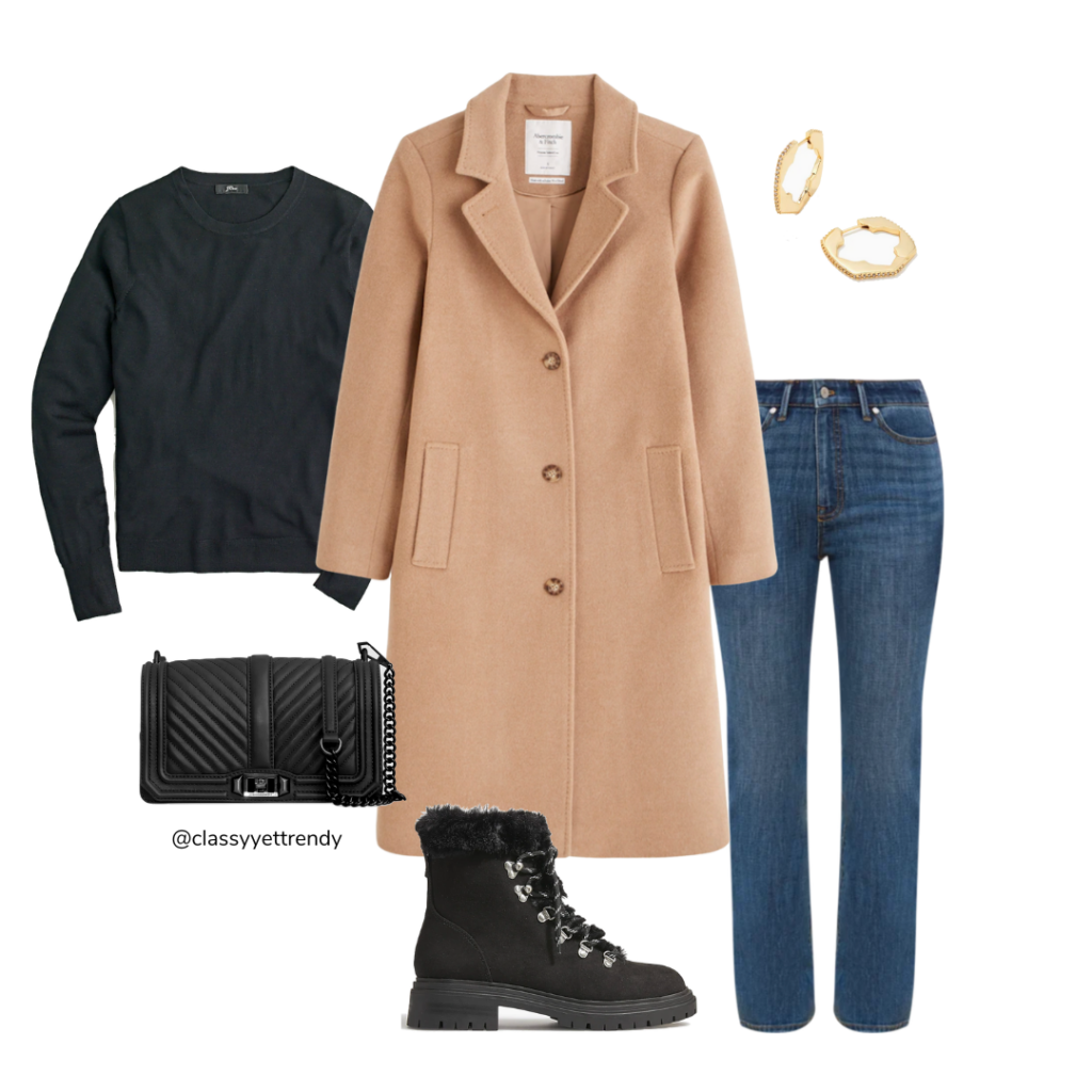 10 WAYS TO WEAR A CAMEL COAT - OUTFIT 8 BLACK SWEATER JEANS LACE UP BOOTS