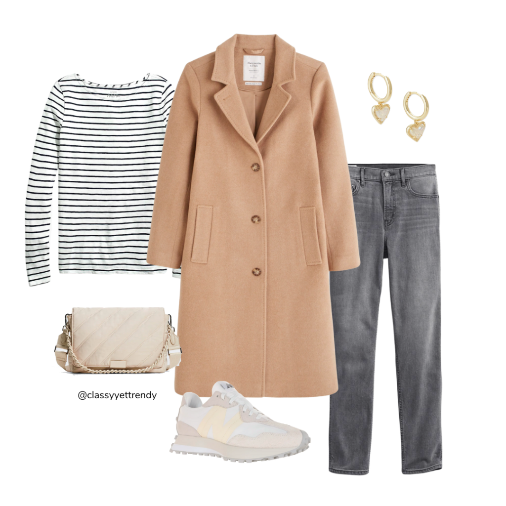 10 WAYS TO WEAR A CAMEL COAT - OUTFIT 9 STRIPE TEE GRAY JEANS SUEDE SNEAKERS