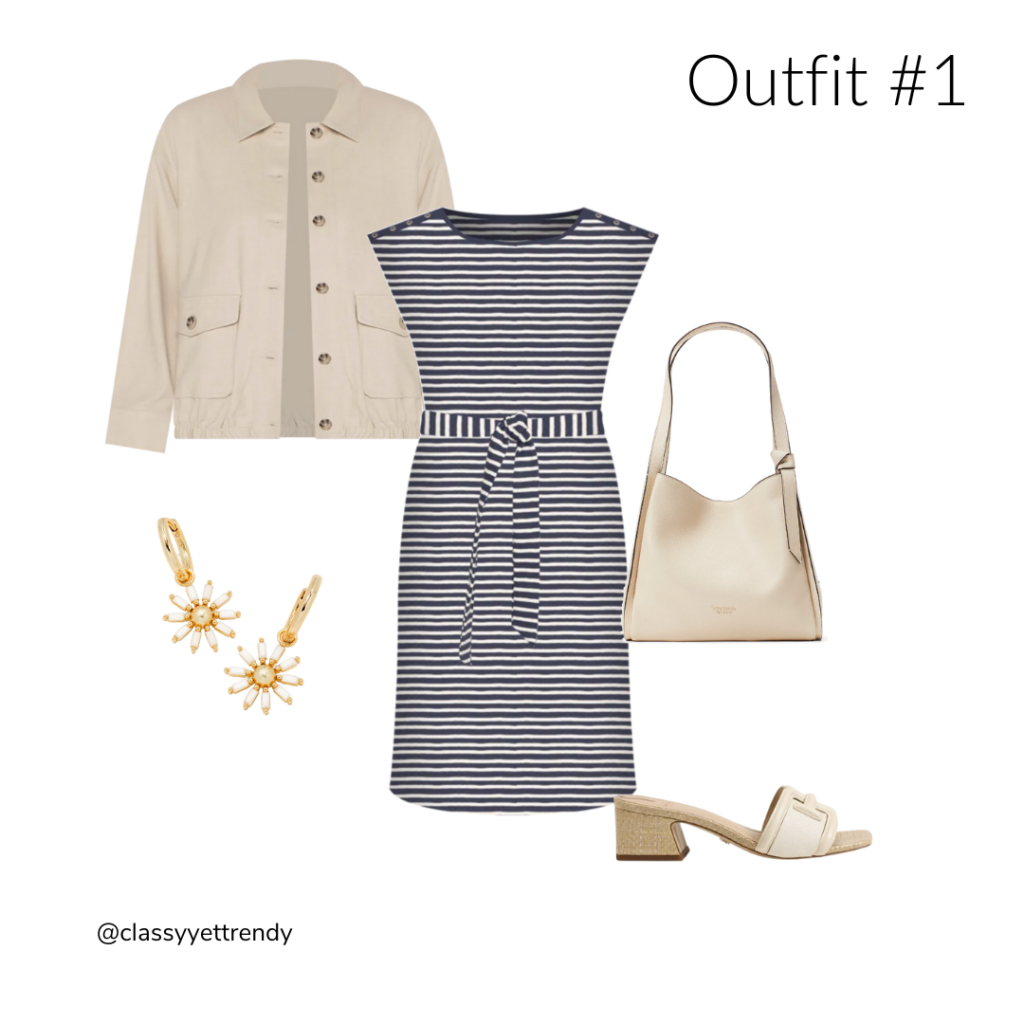 6 WAYS TO WEAR A TAN BUTTON FRONT JACKET - OUTFIT 1 STRIPED DRESS