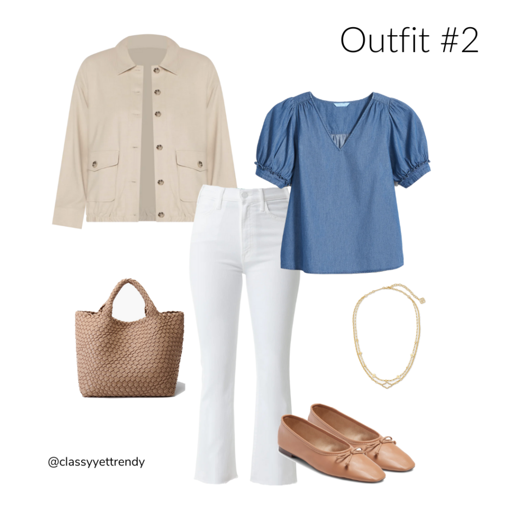 6 WAYS TO WEAR A TAN BUTTON FRONT JACKET - OUTFIT 2 CHAMBRAY TOP WHITE JEANS