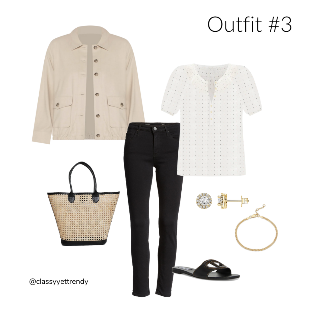 6 WAYS TO WEAR A TAN BUTTON FRONT JACKET - OUTFIT 3 WHITE TOP BLACK JEANS