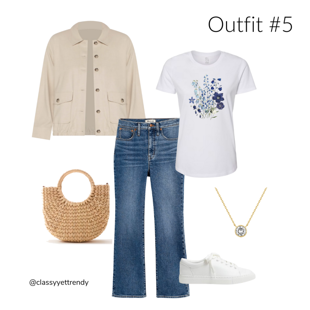 6 WAYS TO WEAR A TAN BUTTON FRONT JACKET - OUTFIT 5 GRAPHIC TEE BLUE JEANS