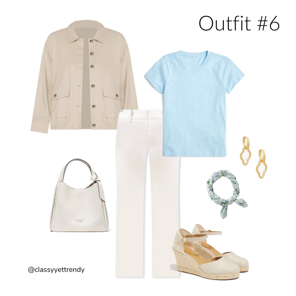 6 WAYS TO WEAR A TAN BUTTON FRONT JACKET - OUTFIT 6 BLUE TEE WHITE PANTS