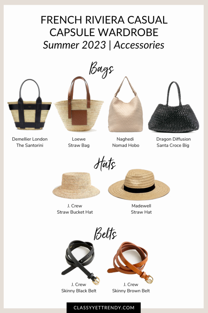 French Riviera Casual Capsule Wardrobe Summer 2023 - Accessories Bags Hats Belts