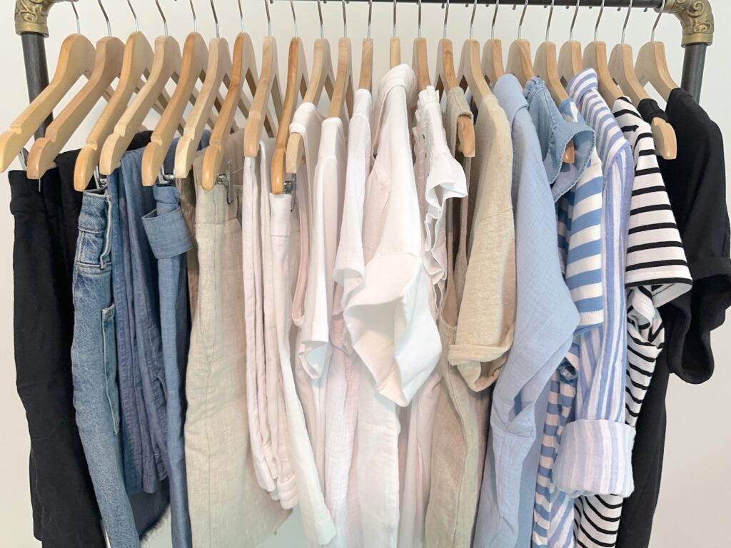 MY 29 PIECE FRENCH RIVIERA CASUAL SUMMER CAPSULE WARDROBE - clothes rack top