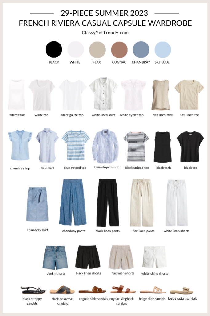 My 29-Piece French Riviera Casual Summer 2023 Capsule Wardrobe - Flatlay