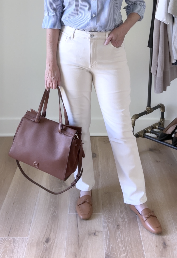 BUSINESS CASUAL OUTFITS WITH COLE HAAN - OUTFIT 3 striped shirt ecru jeans york bow loafers grand ambition side cinch satchel