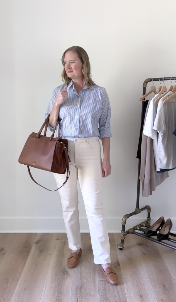 BUSINESS CASUAL OUTFITS WITH COLE HAAN - OUTFIT 3 striped shirt ecru jeans york bow loafers grand ambition side cinch satchel