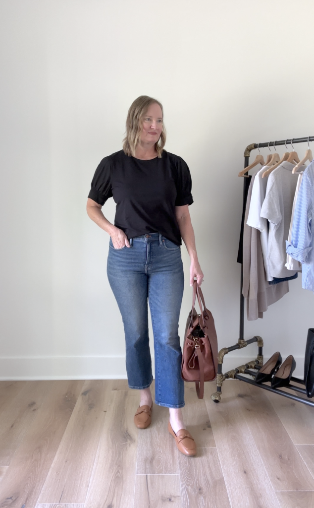 BUSINESS CASUAL OUTFITS WITH COLE HAAN - OUTFIT 4 black puff sleeve top crop flare jeans york bow loafers grand ambition side cinch satchel