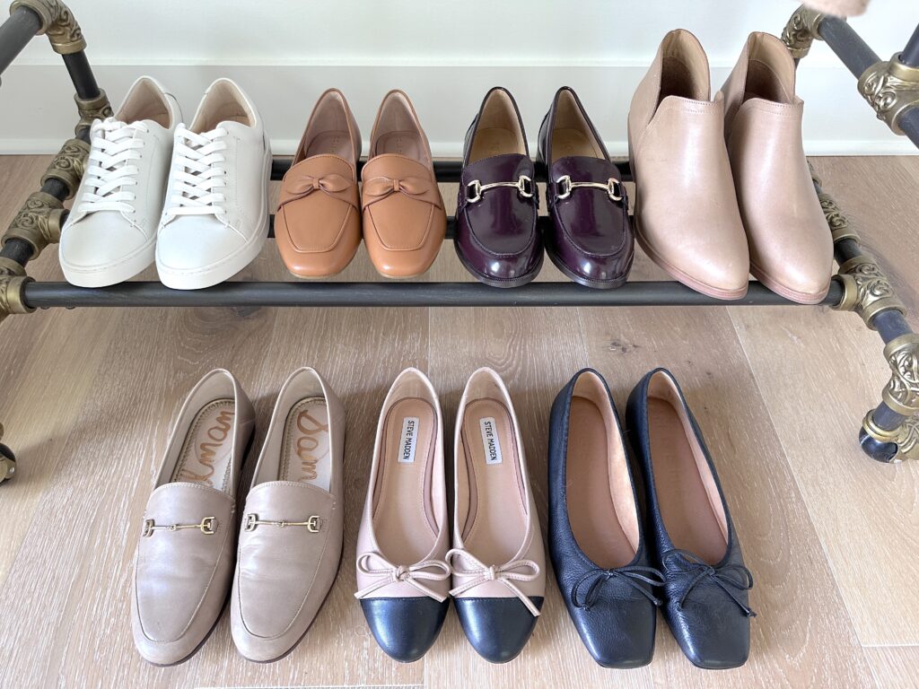 MY 29 PIECE FALL 2023 CLASSIC NEUTRAL CAPSULE WARDROBE - shoes on rack horizontal